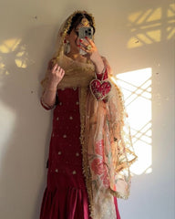 Exclusive Red Chinon Silk Embroidery Work Gharara Suit With Dupatta
