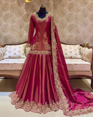 Copper Red Shimmer Silk Embroidery Work Lehenga Kurti With Dupatta