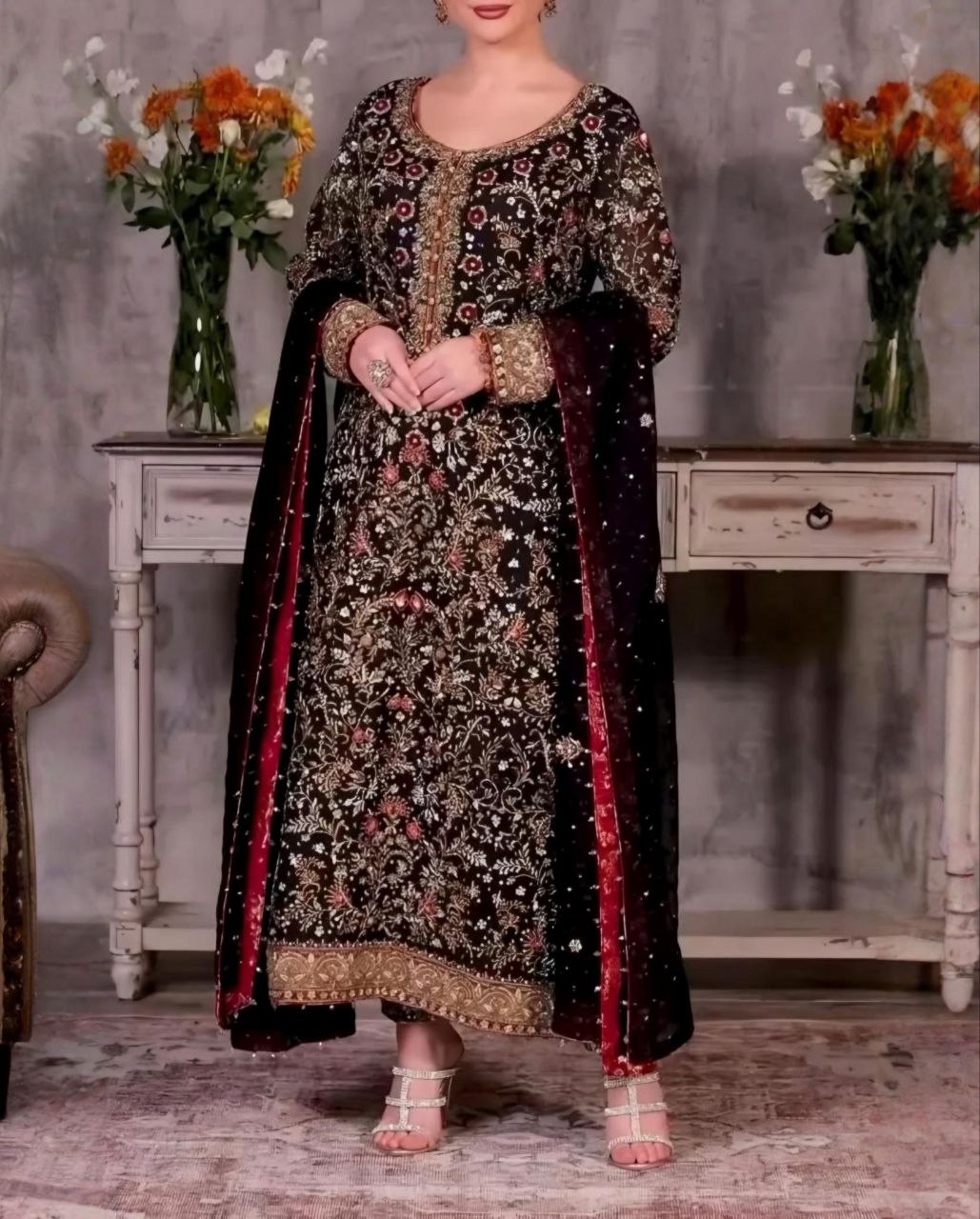 Black Soft Georgette Embroidery Work Pakistani Suit With Dupatta