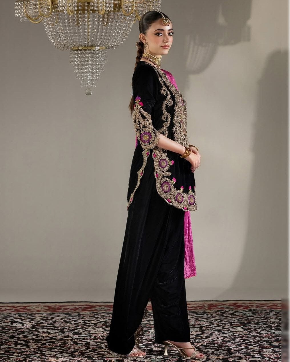 Exclusive Black Velvet Sequence Work Salwar Suit With Pink Dupatta