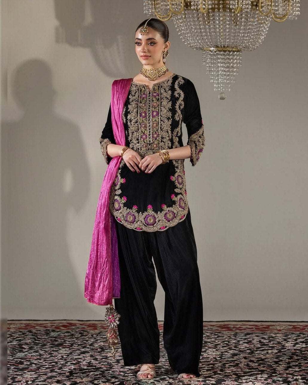 Exclusive Black Velvet Sequence Work Salwar Suit With Pink Dupatta