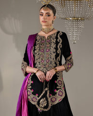Exclusive Black Velvet Sequence Work Salwar Suit With Pink Dupatta