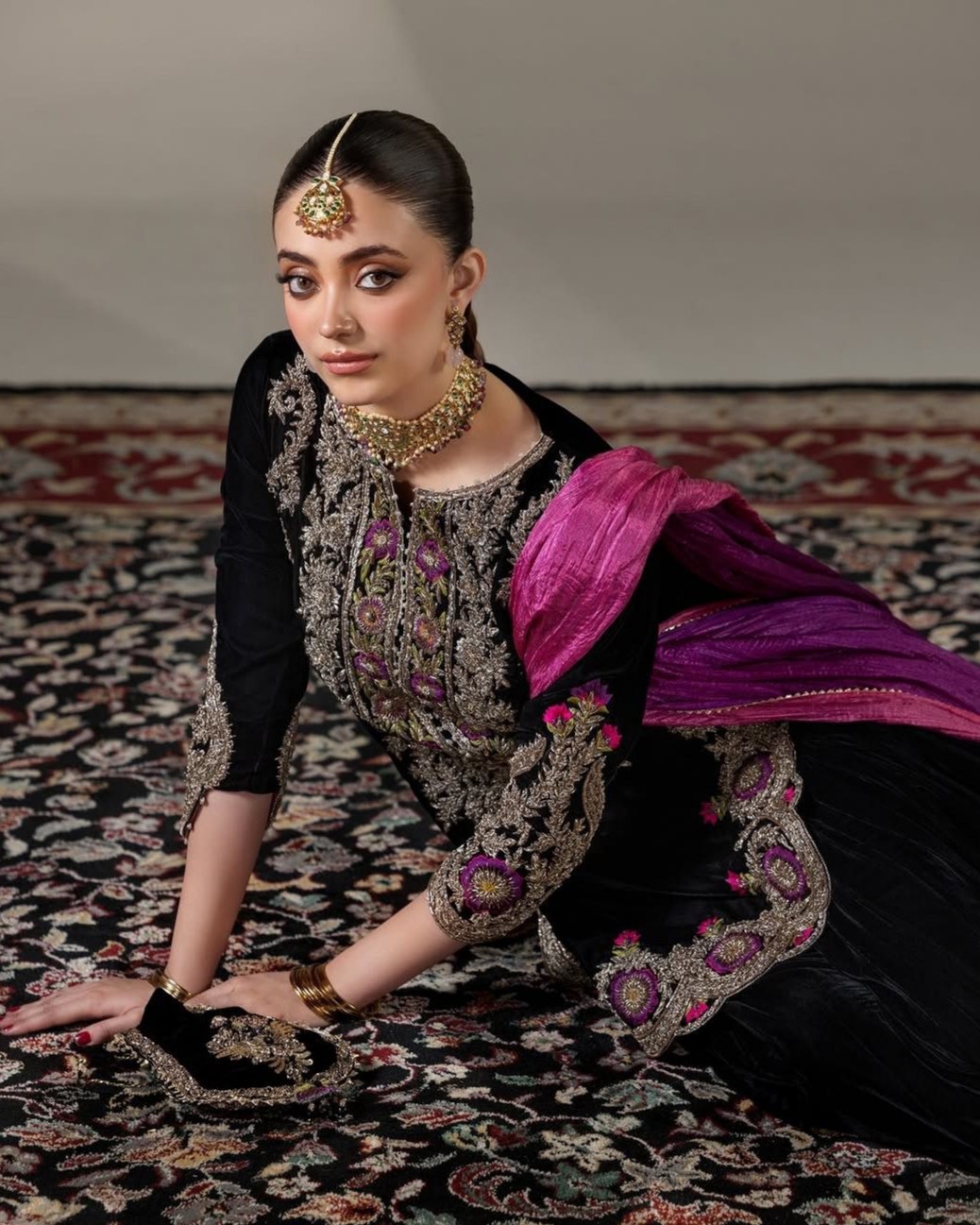 Exclusive Black Velvet Sequence Work Salwar Suit With Pink Dupatta