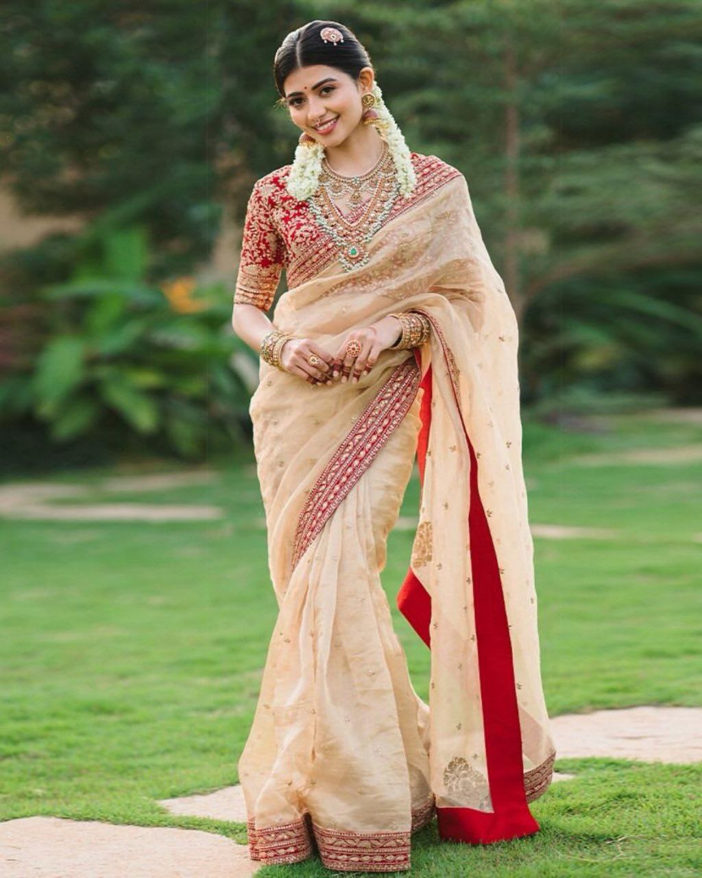 Peach Georgette Embroidery Work Saree With Red Blouse