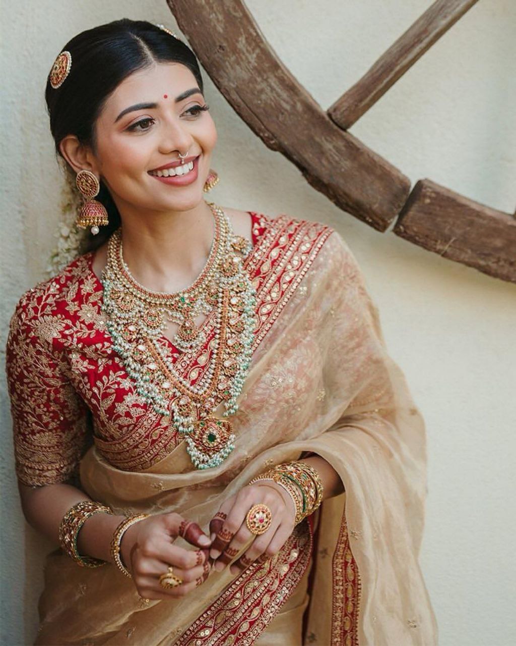 Peach Georgette Embroidery Work Saree With Red Blouse