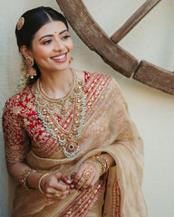 Peach Georgette Embroidery Work Saree With Red Blouse