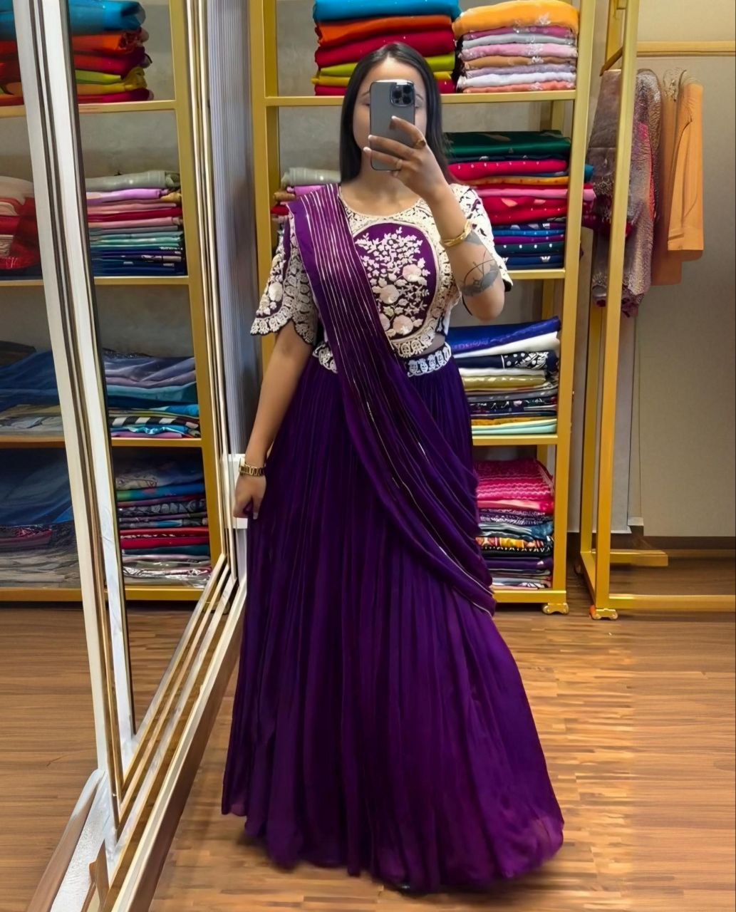 Purple Chinon Silk Embroidery Work Lehenga Saree With Blouse