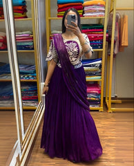 Purple Chinon Silk Embroidery Work Lehenga Saree With Blouse