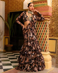 Black Soft Georgette Digital Print Work Lehenga Saree With Blouse