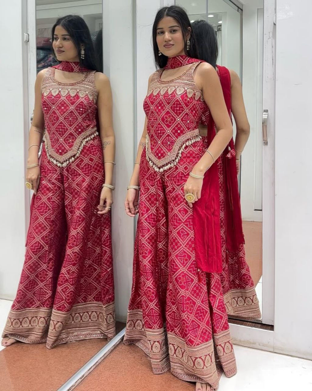 Red Chinon Silk Thread Work Palazo-Top With Dupatta