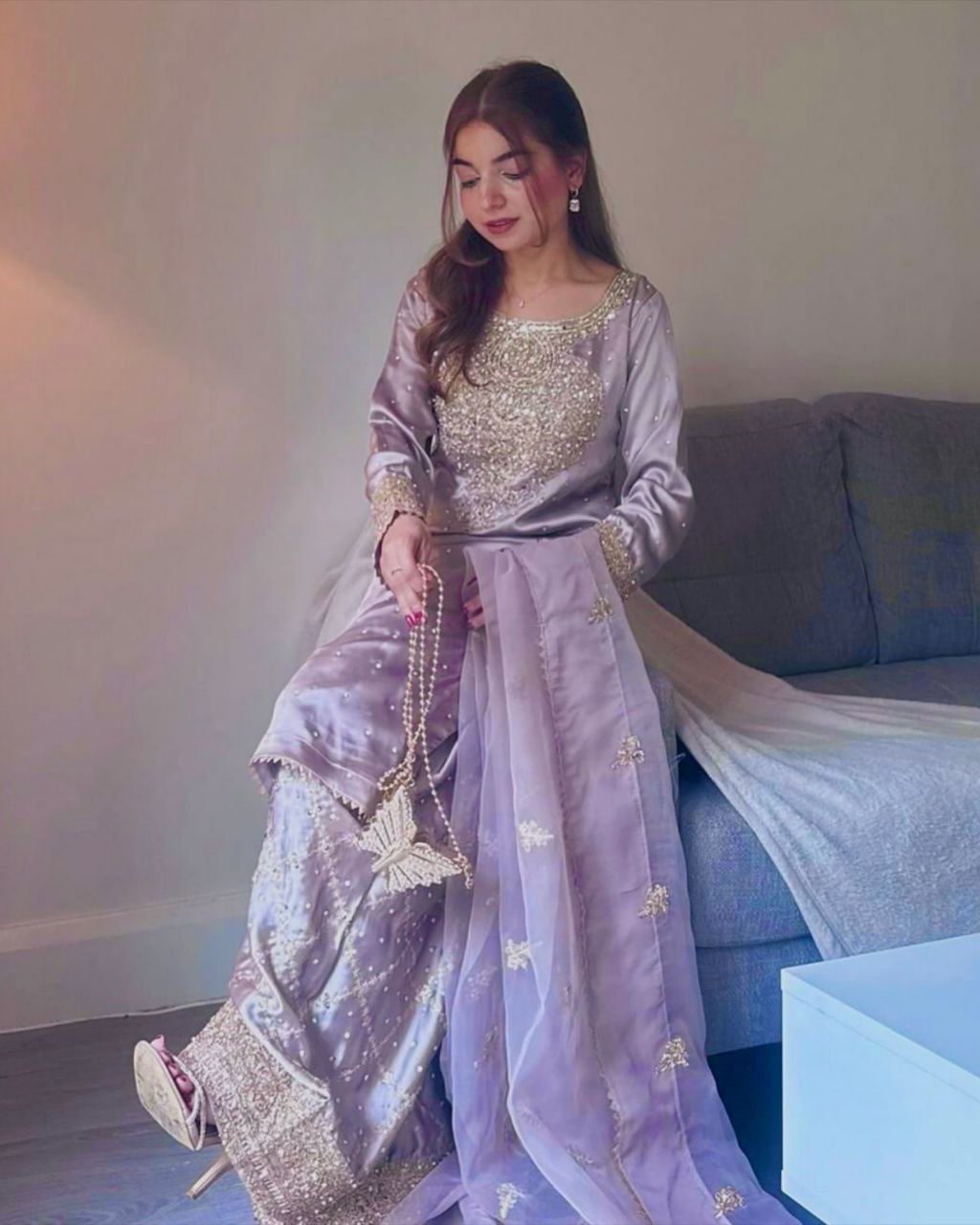 Designer Light Purple Crep Silk Embroidery Work Farshi Suit With Dupatta