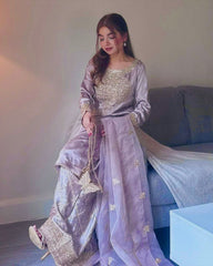 Designer Light Purple Crep Silk Embroidery Work Farshi Suit With Dupatta