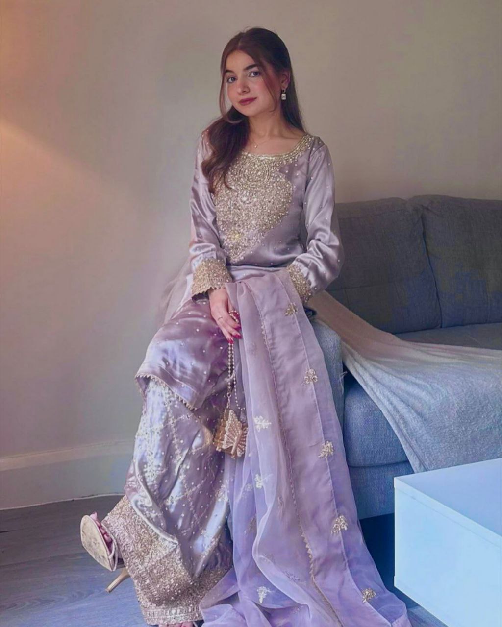 Designer Light Purple Crep Silk Embroidery Work Farshi Suit With Dupatta