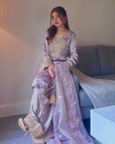 Designer Light Purple Crep Silk Embroidery Work Farshi Suit With Dupatta