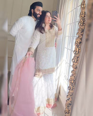 White Soft Georgette Embroidery Work Gharara Suit With Pink Dupatta