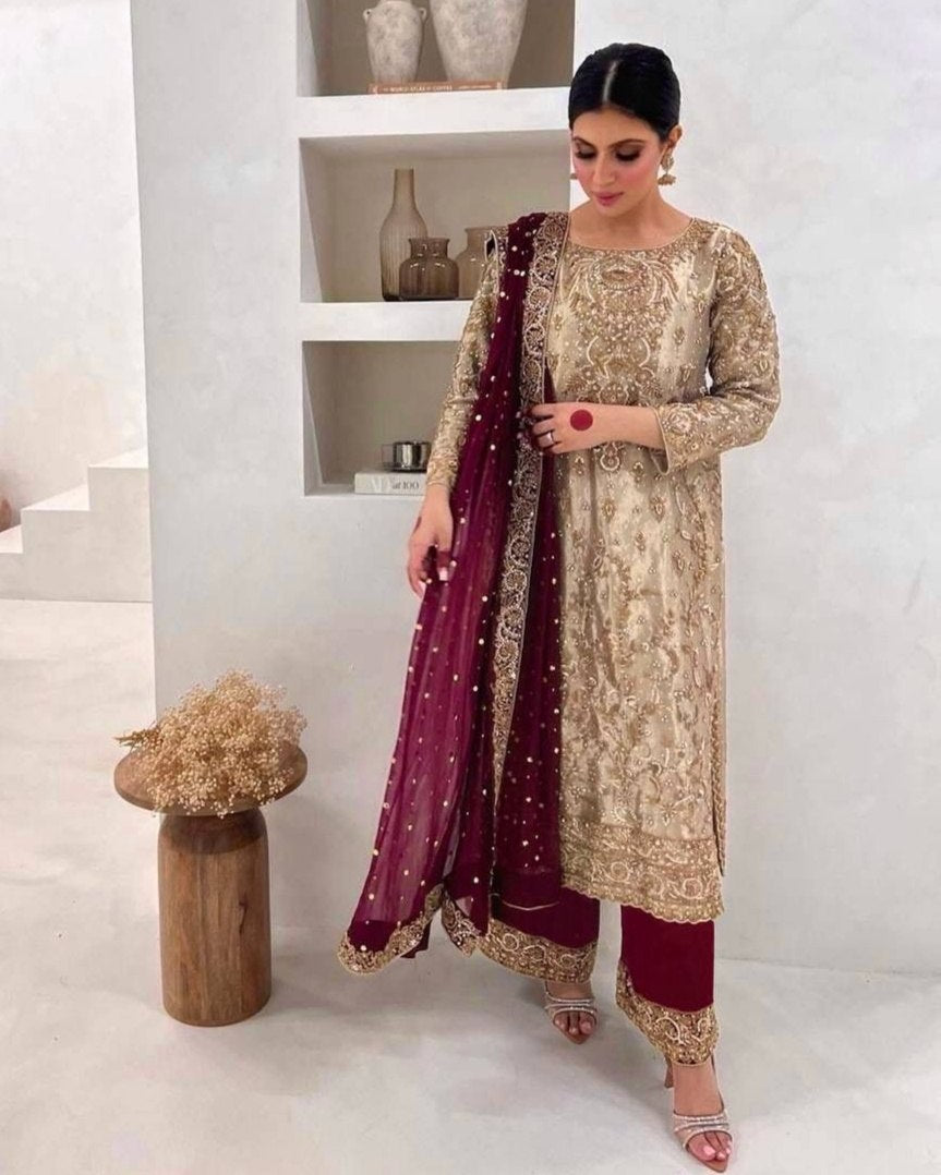 Exclusive Beige Gold Fandy Silk Embroidered Pakistani Suit With Dupatta