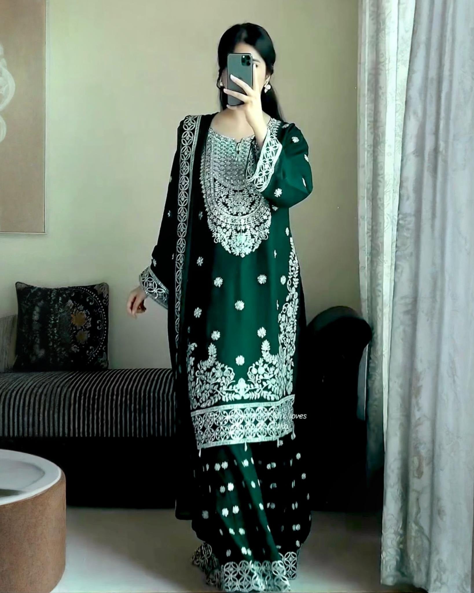 Exclusive Dark Green Georgette Embroidery Work Gharara Suit With Dupatta