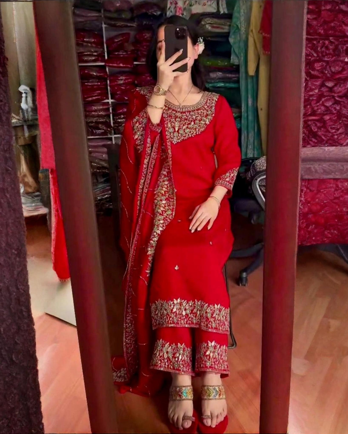 Exclusive Red Georgette Embroidered Pant Suit With Dupatta