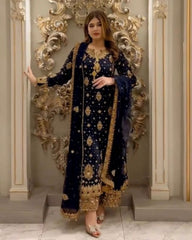 Exclusive Neavy Blue Soft Georgette Sequence Work Pant Suit With Dupatta