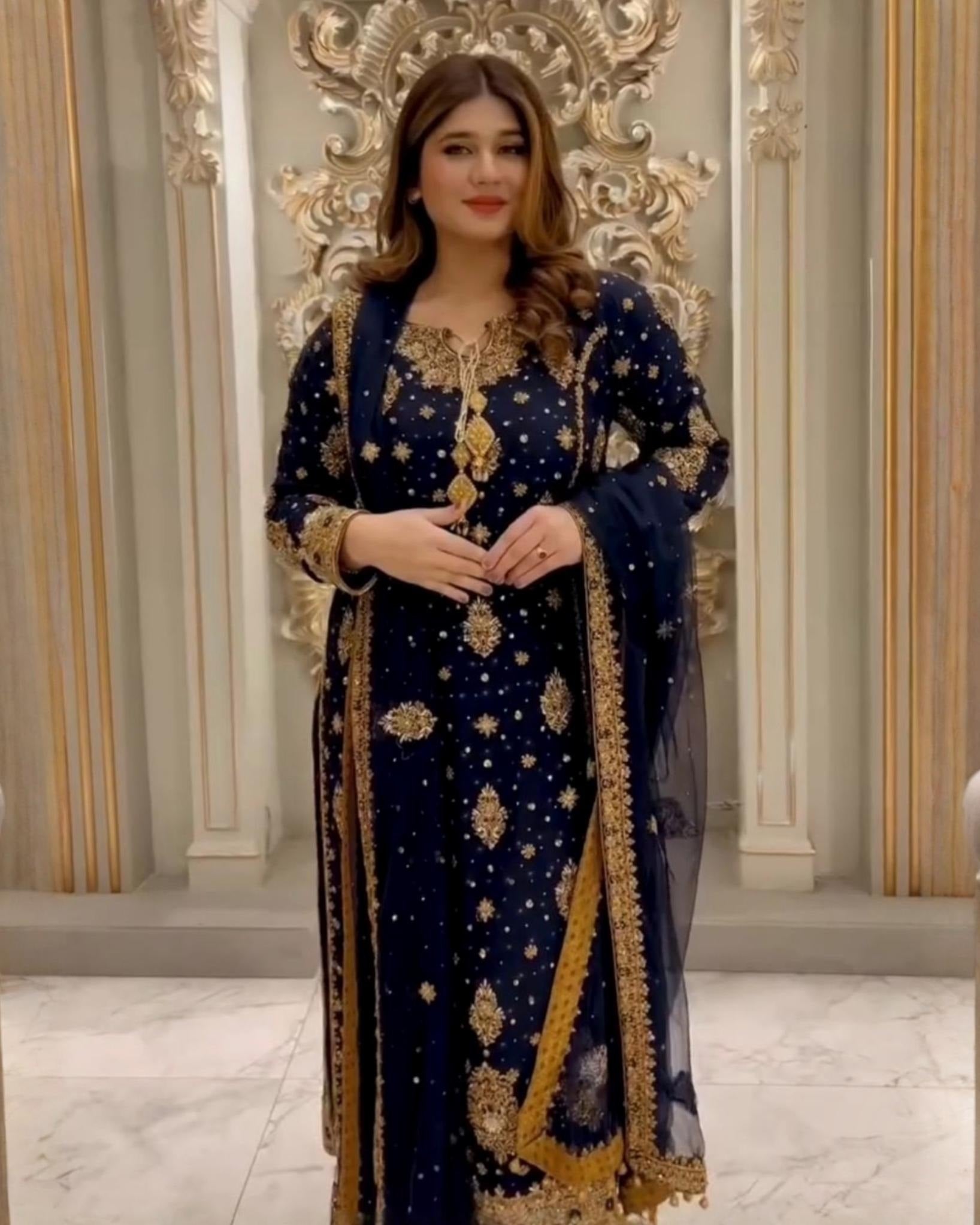 Exclusive Neavy Blue Soft Georgette Sequence Work Pant Suit With Dupatta