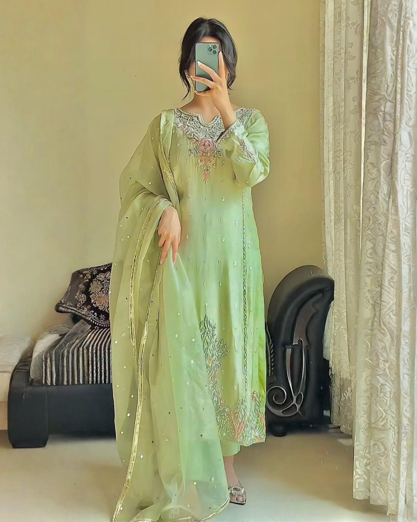 Exclusive Pista Green Georgette Embroidered Pakistani Suit With Dupatta