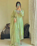 Exclusive Pista Green Georgette Embroidered Pakistani Suit With Dupatta