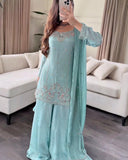 Exclusive Sea Green Georgette Embroidery Work Sharara Suit With Dupatta