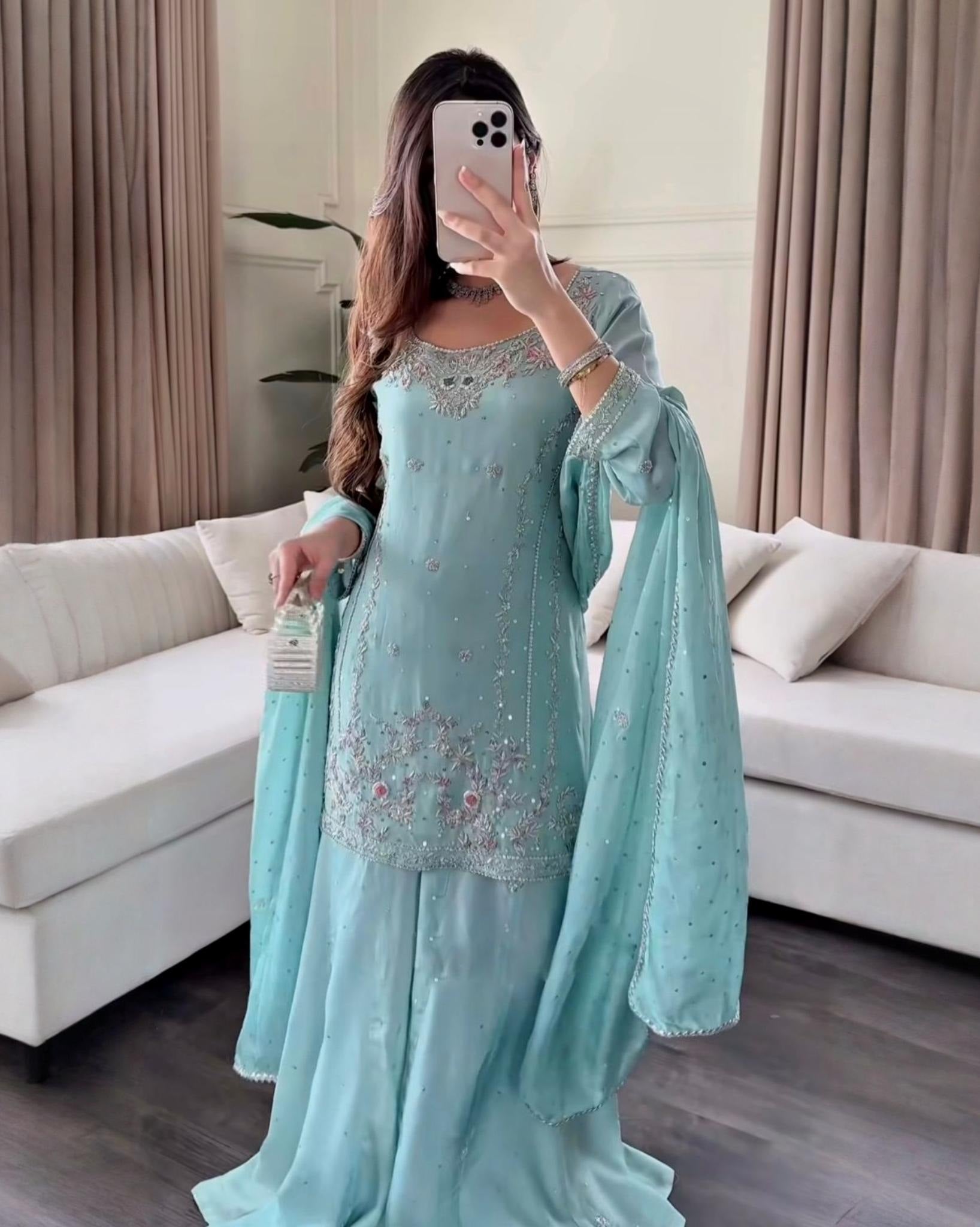 Exclusive Sea Green Georgette Embroidery Work Sharara Suit With Dupatta