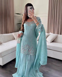 Exclusive Sea Green Georgette Embroidery Work Sharara Suit With Dupatta