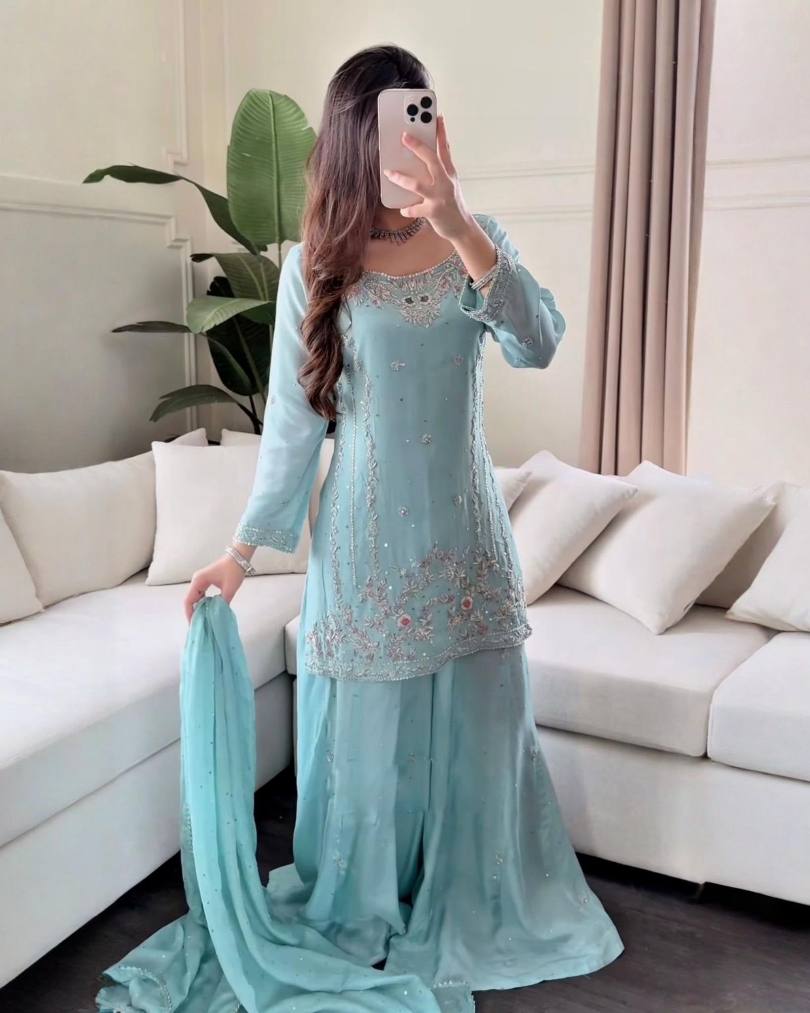 Exclusive Sea Green Georgette Embroidery Work Sharara Suit With Dupatta