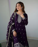 Premium Pink And Purple Pure Silk Sequence Work Pant Suit With Dupatta