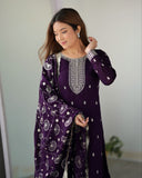 Premium Pink And Purple Pure Silk Sequence Work Pant Suit With Dupatta