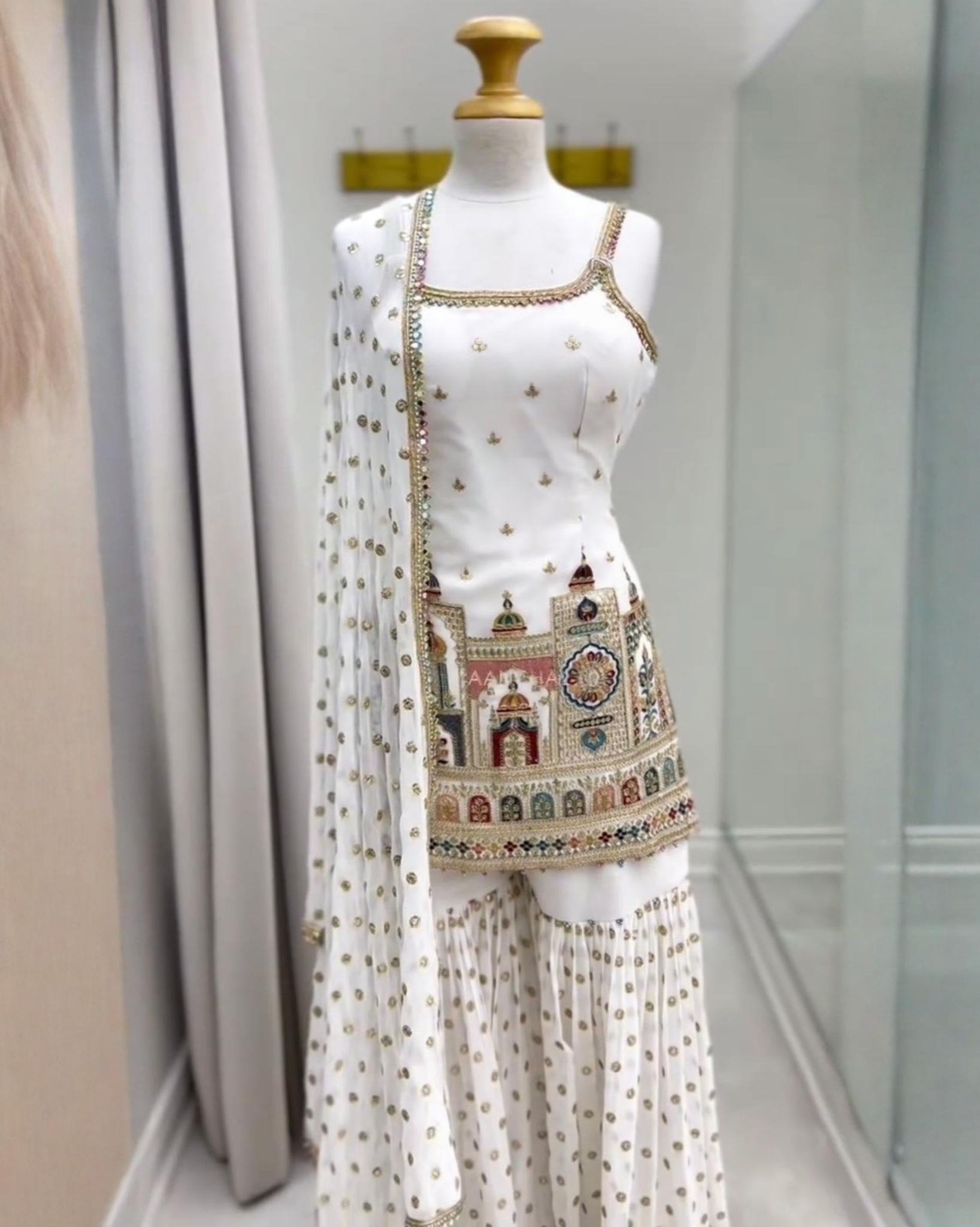 Exclusive White Georgette Embroidered Gharara Suit With Dupatta