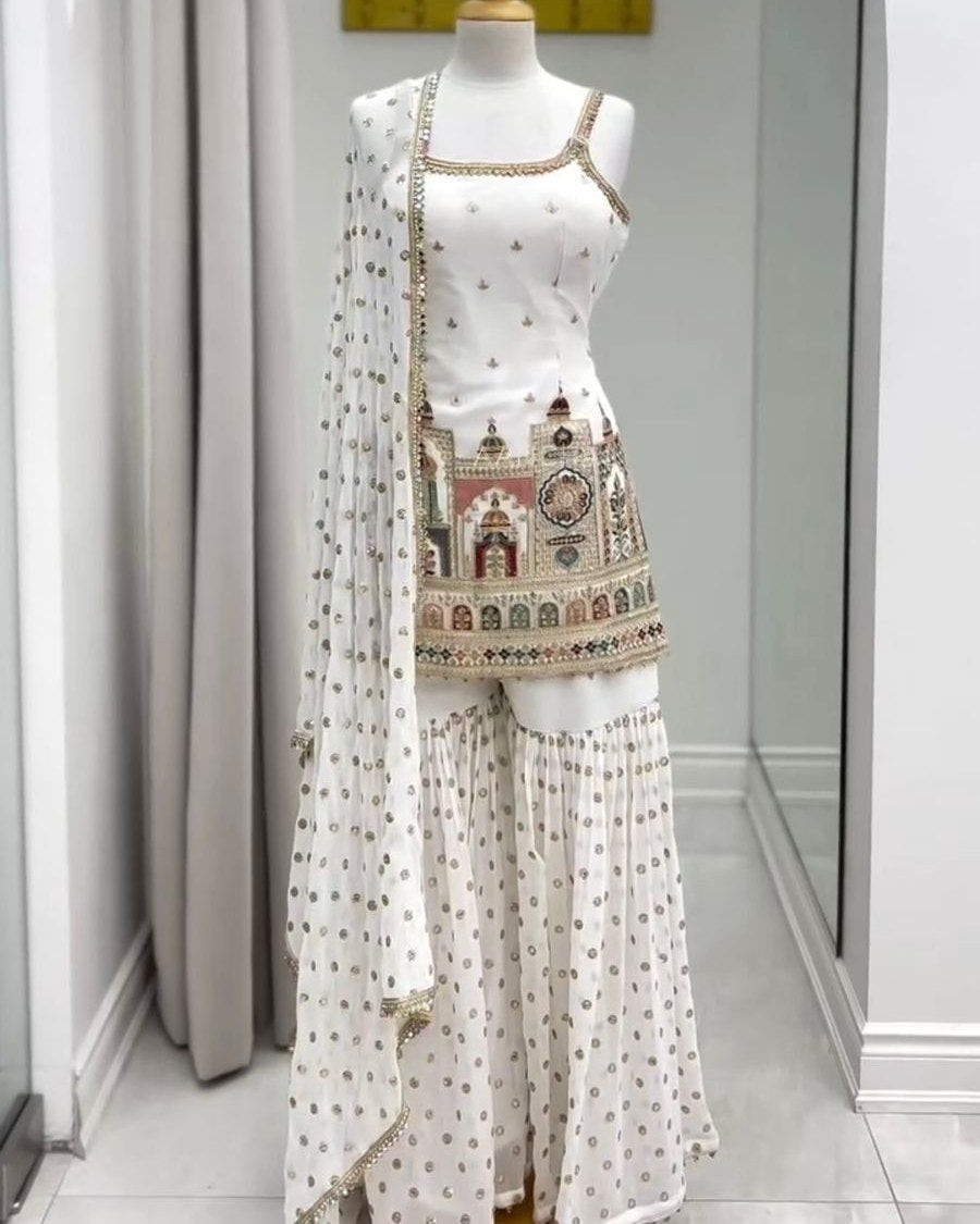 Exclusive White Georgette Embroidered Gharara Suit With Dupatta