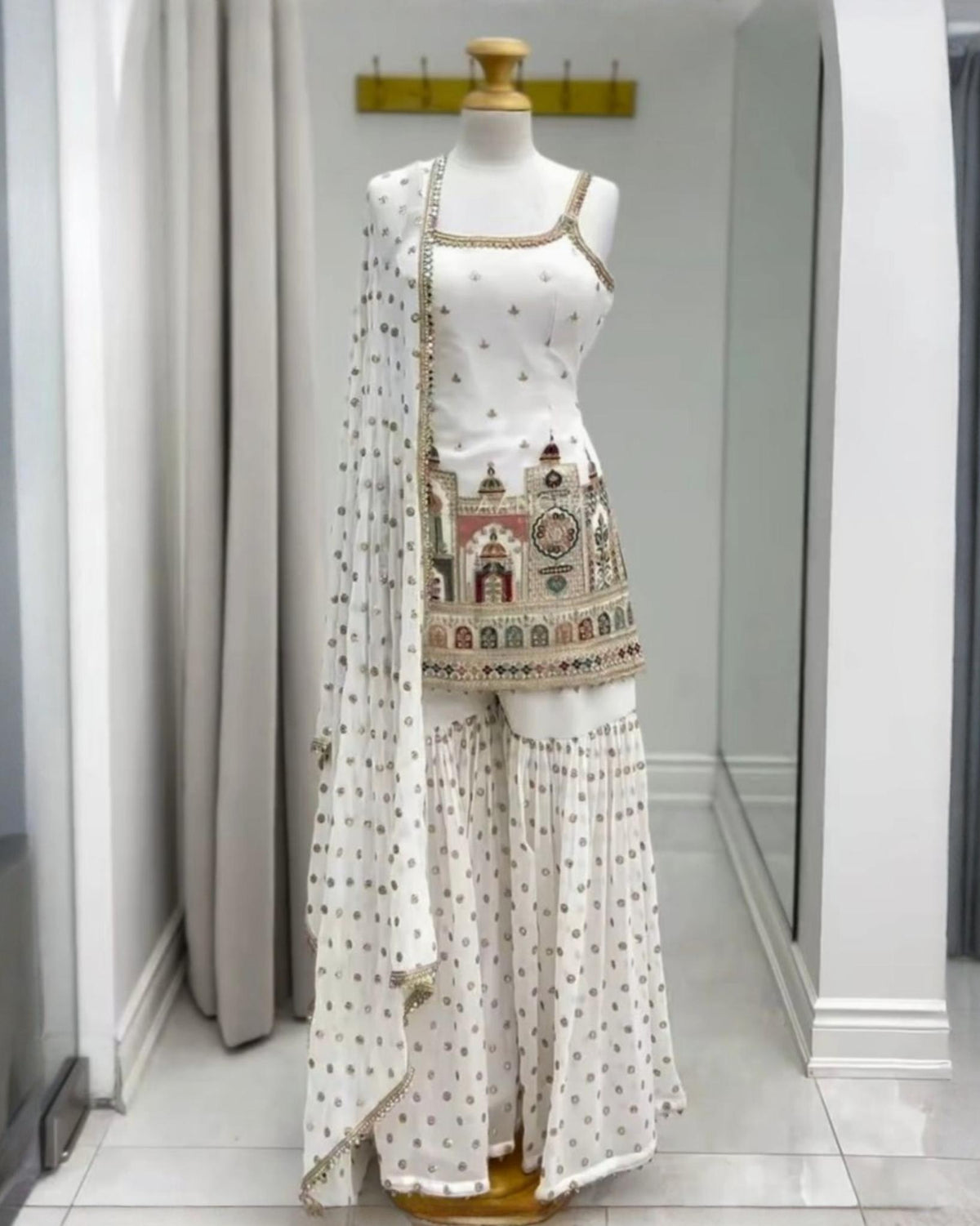 Exclusive White Georgette Embroidered Gharara Suit With Dupatta