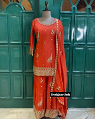 Black & Fanta Chinon Silk Embroidery Work Sharara Suit With Dupatta