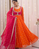 Exclusive Orange & Pink Embroidery Work Anarkali Suit With Koti & Dupatta