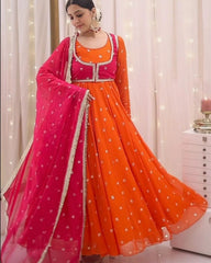 Exclusive Orange & Pink Embroidery Work Anarkali Suit With Koti & Dupatta