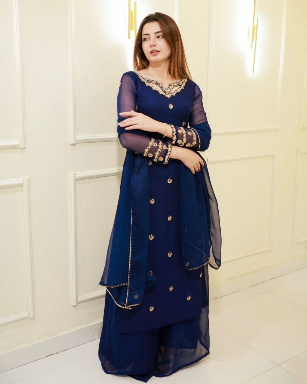Ready To Wear Neavy Blue Soft Georgette Sequence Work Palazo Suit With Dupatta