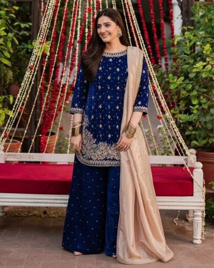 Exclusive Velvet Embroidery Work Palazo Suit With Crep Dupatta