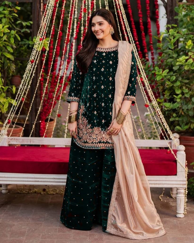 Exclusive Velvet Embroidery Work Palazo Suit With Crep Dupatta