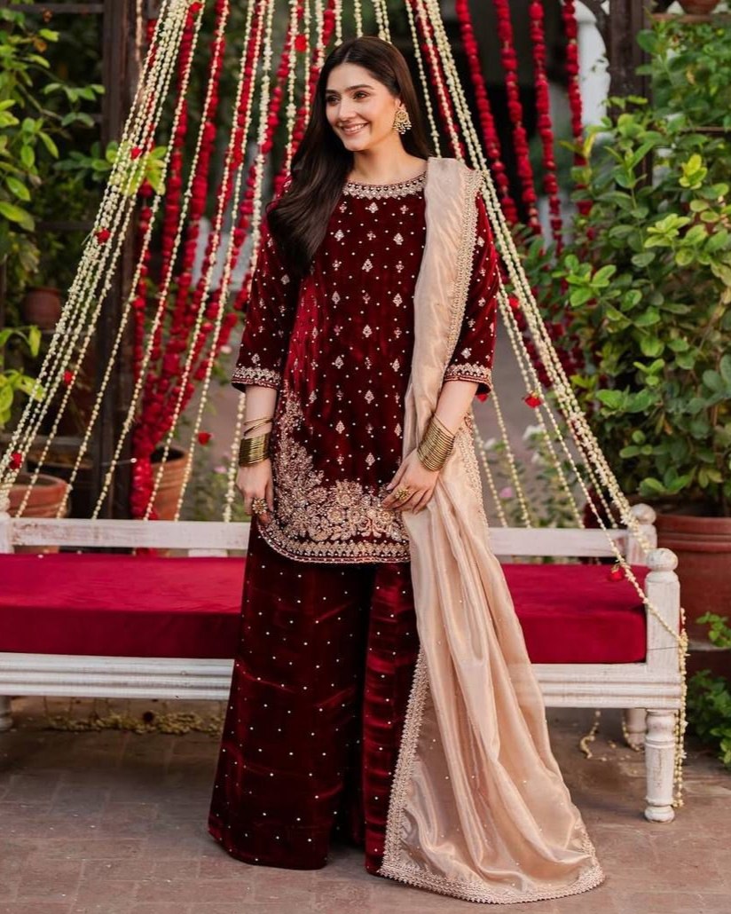 Exclusive Velvet Embroidery Work Palazo Suit With Crep Dupatta