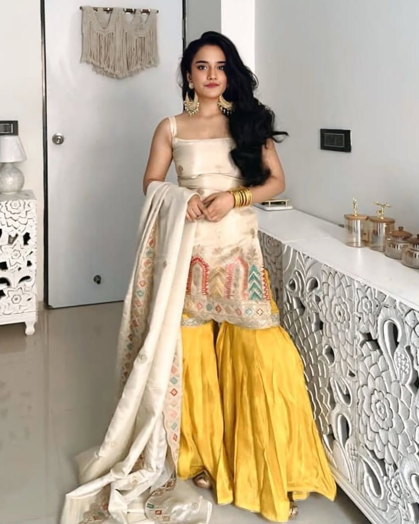Exclusive Ivory & Yellow Chinon Silk Embroidered Gharara Suit With Dupatta
