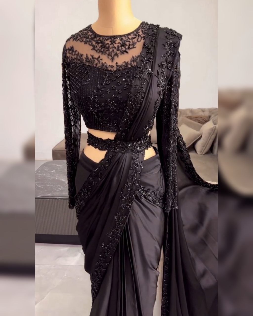 Black & Red Satin Silk Embroidery Work Saree With Blouse