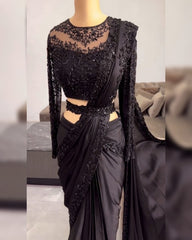 Black & Red Satin Silk Embroidery Work Saree With Blouse