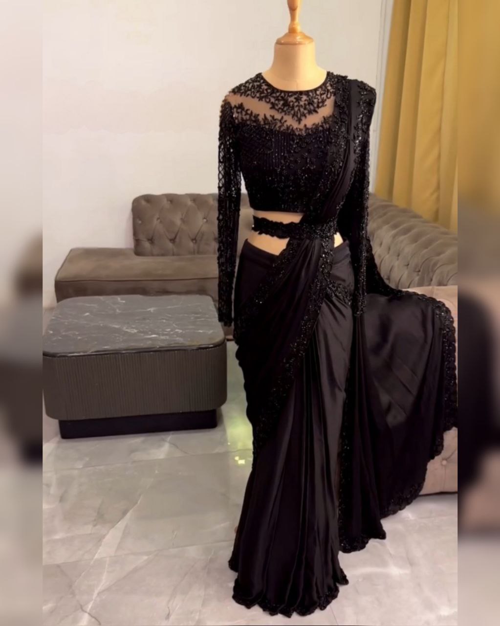 Black & Red Satin Silk Embroidery Work Saree With Blouse