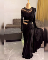 Black & Red Satin Silk Embroidery Work Saree With Blouse