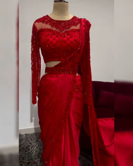 Black & Red Satin Silk Embroidery Work Saree With Blouse