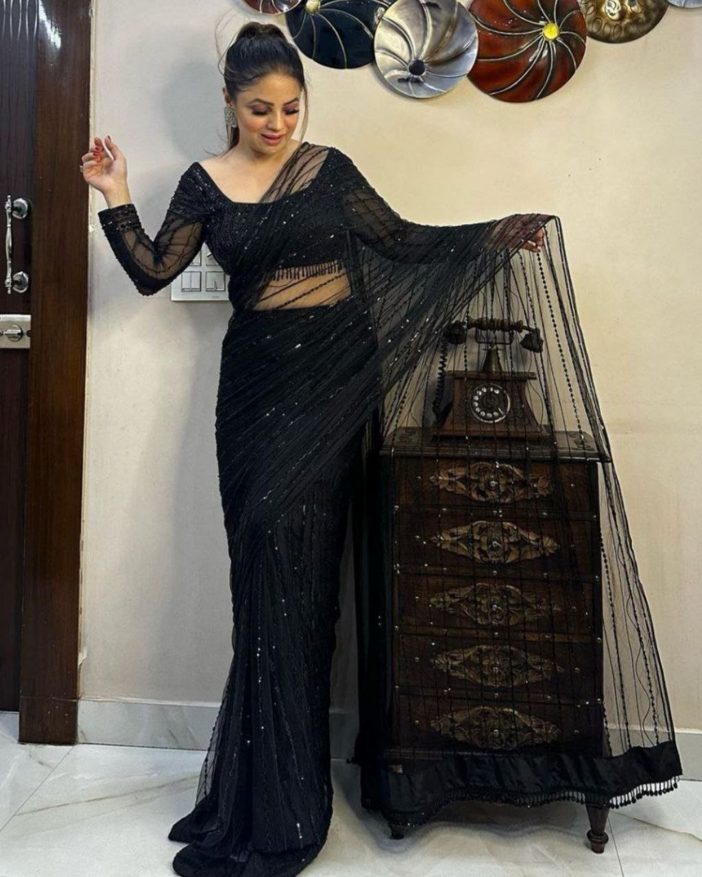 Designer Black Mono Net Embroidery Work Saree With Blouse