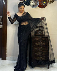 Designer Black Mono Net Embroidery Work Saree With Blouse